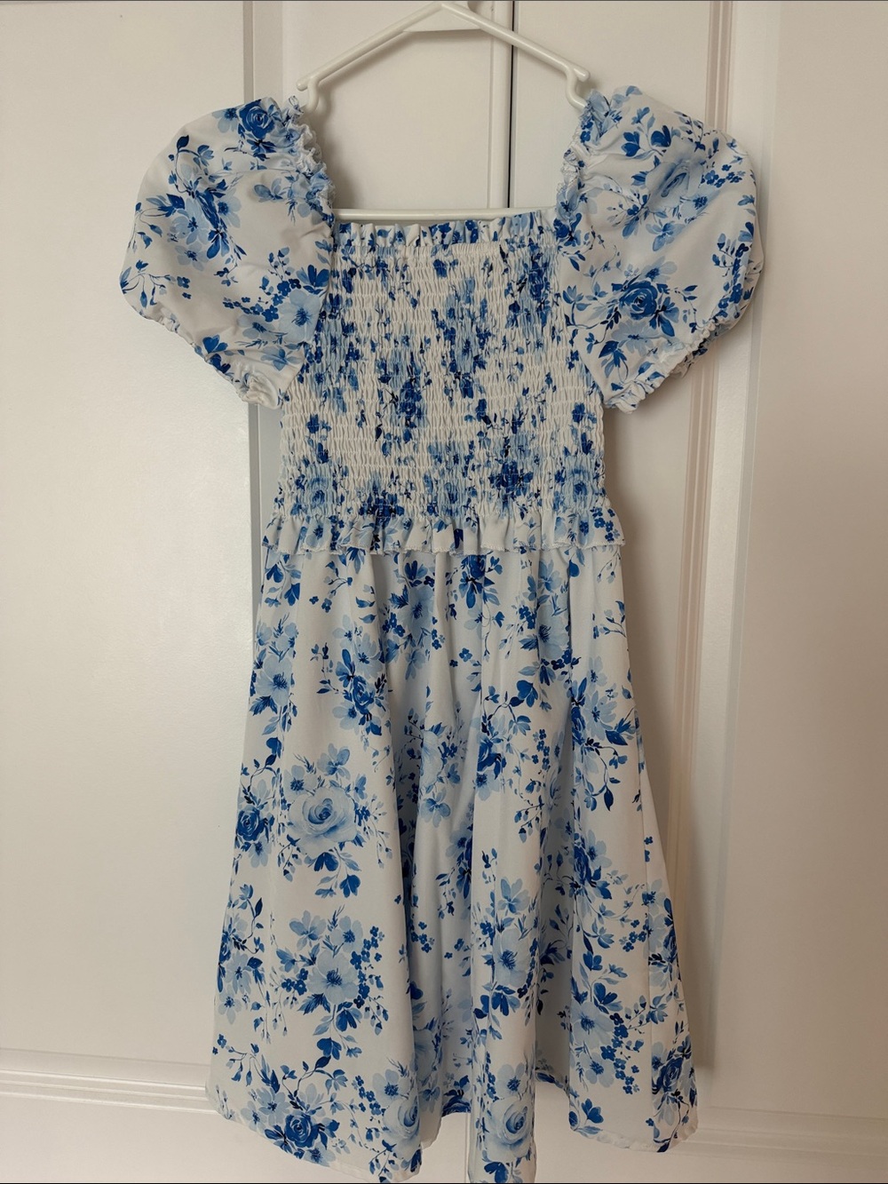 Grace Karin Blue and White Floral Smocked Puff-Sleeve Dress for Kids